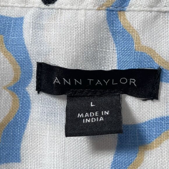 Ann Taylor Geo Linen Popover Short Sleeve Top Sz L Multicolor Relaxed 1/4 Button - Picture 6 of 11